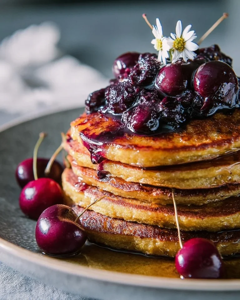 Black cherry cornmeal pancakes served with syrup and fresh cherries