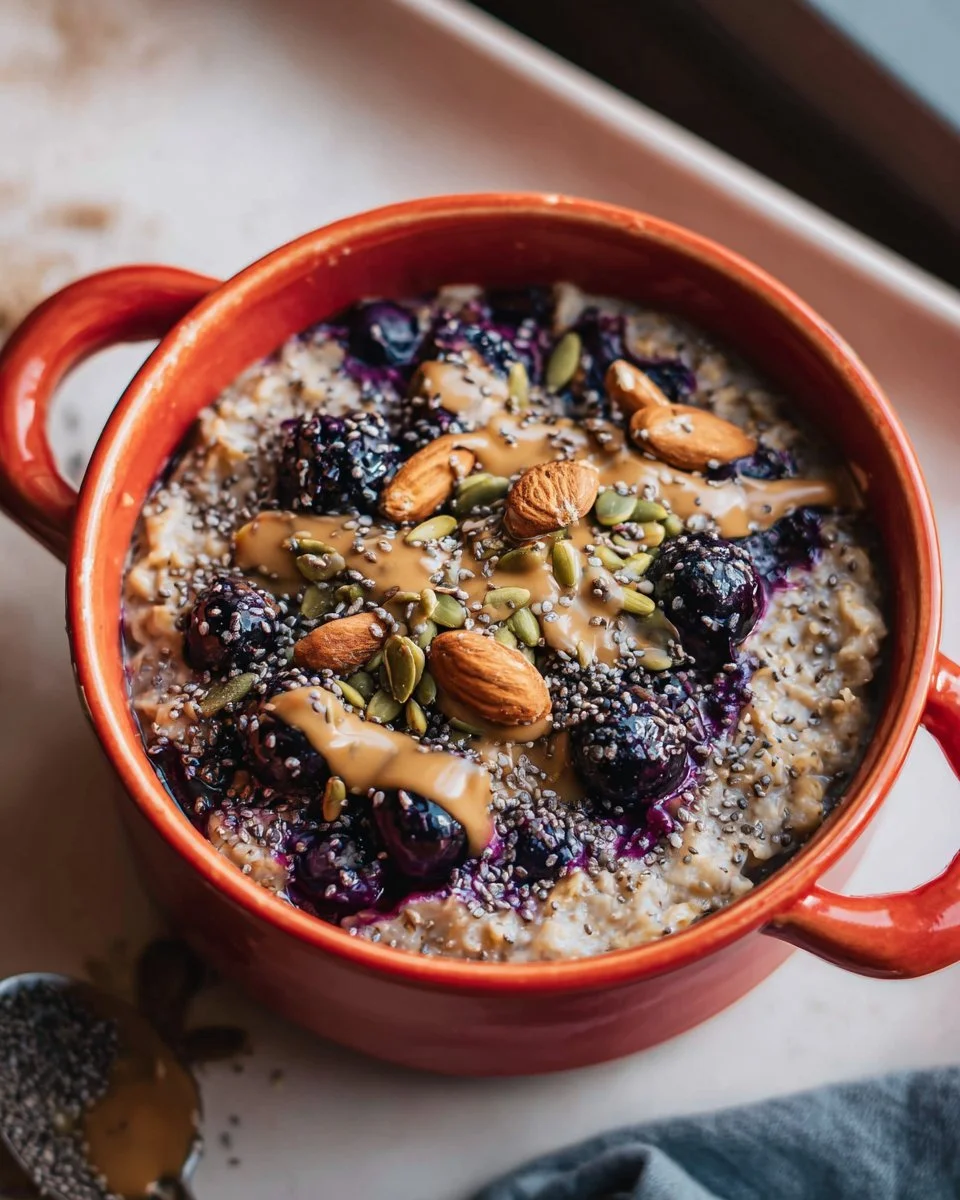 A delicious bowl of blueberry oatmeal topped with fresh blueberries and nuts