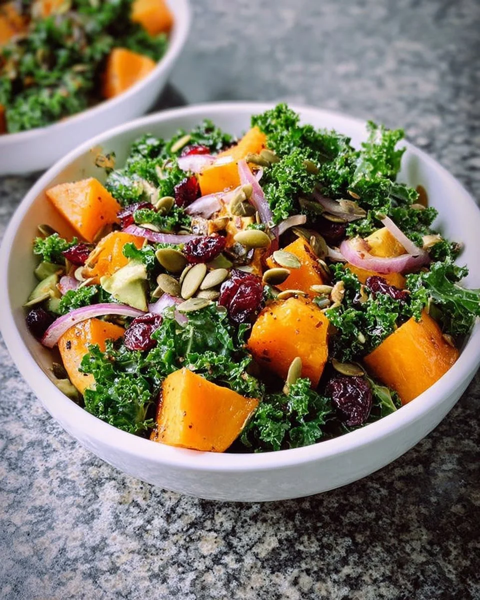 Butternut squash cranberry kale salad in a bowl, garnished with nuts.