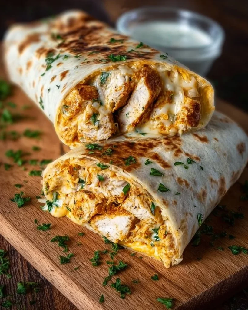 Cheesy garlic chicken wraps served with fresh vegetables and a creamy sauce