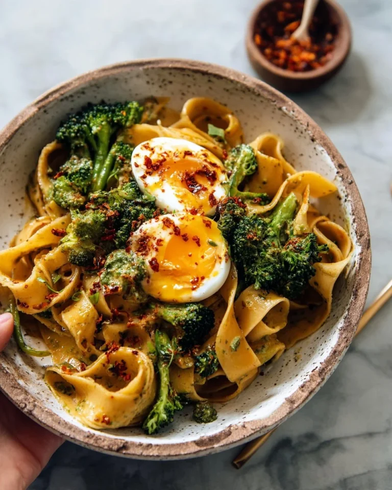 Chili Garlic Pappardelle with Smashed Broccoli and Soft Eggs dish