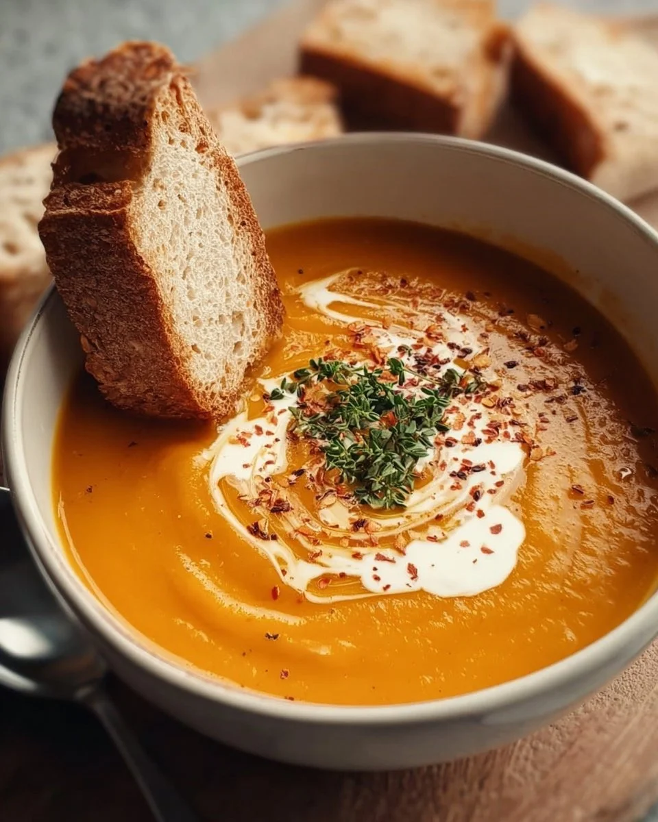 Bowl of sweet potato pumpkin soup garnished with herbs for a cozy fall meal