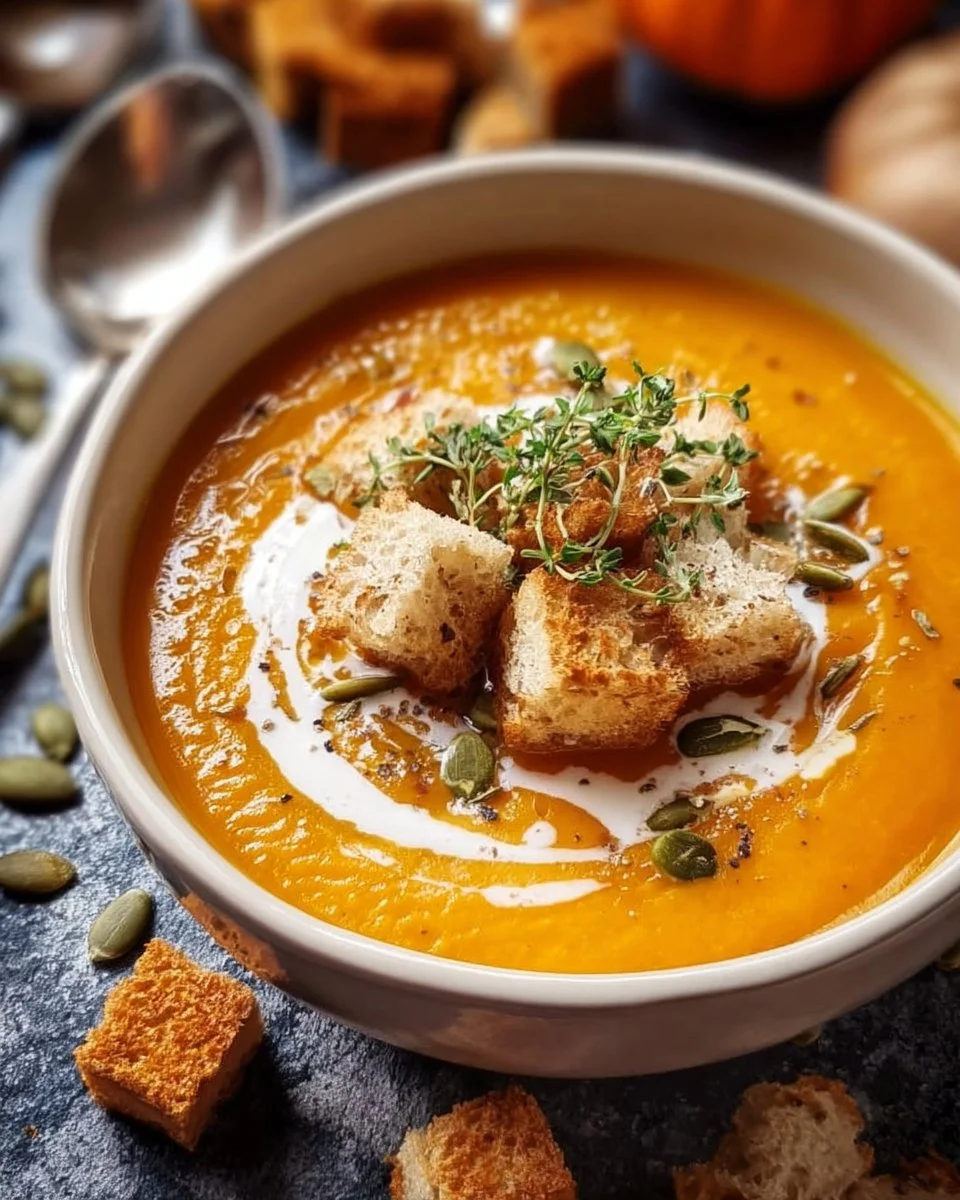 Bowl of cozy pumpkin soup garnished with herbs and cream