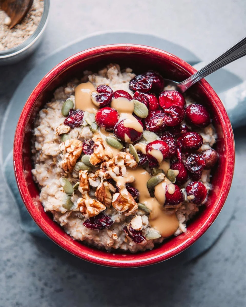 Bowl of cranberry oatmeal topped with fresh cranberries and nuts