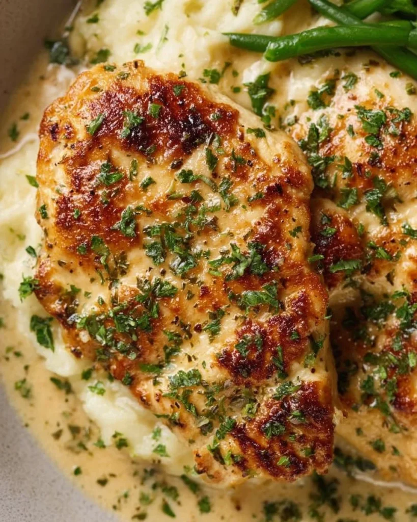 Creamy Garlic Parmesan Chicken Breast with herbs and spices on a plate