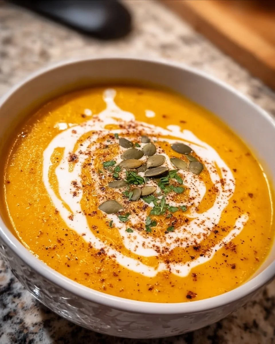 Bowl of creamy pumpkin bisque garnished with herbs and a drizzle of cream