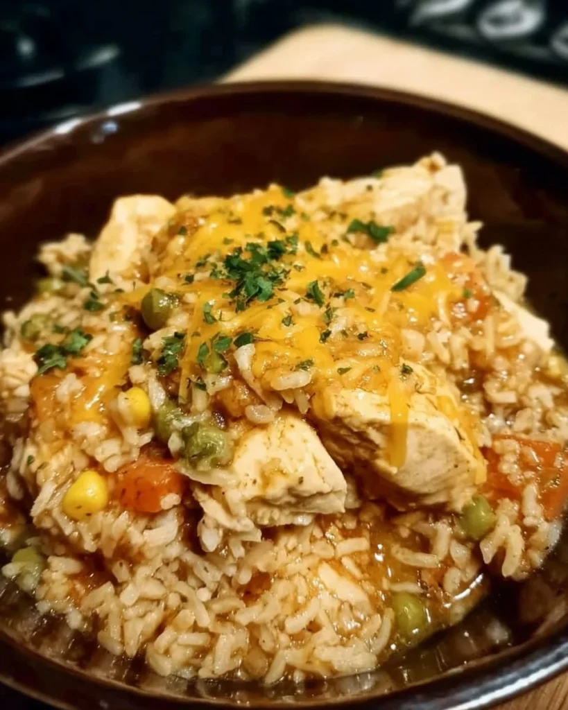 Crock Pot chicken and rice meal ready to serve, a delicious one-pot comfort dish.