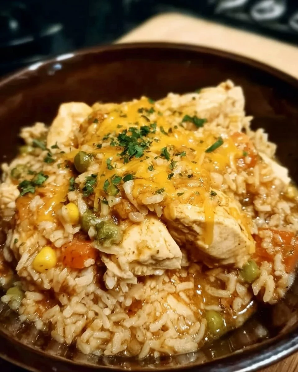 Crock Pot chicken and rice meal ready to serve, a delicious one-pot comfort dish.