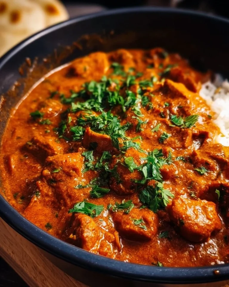 Crockpot Butter Chicken served with rice and garnished with cilantro.