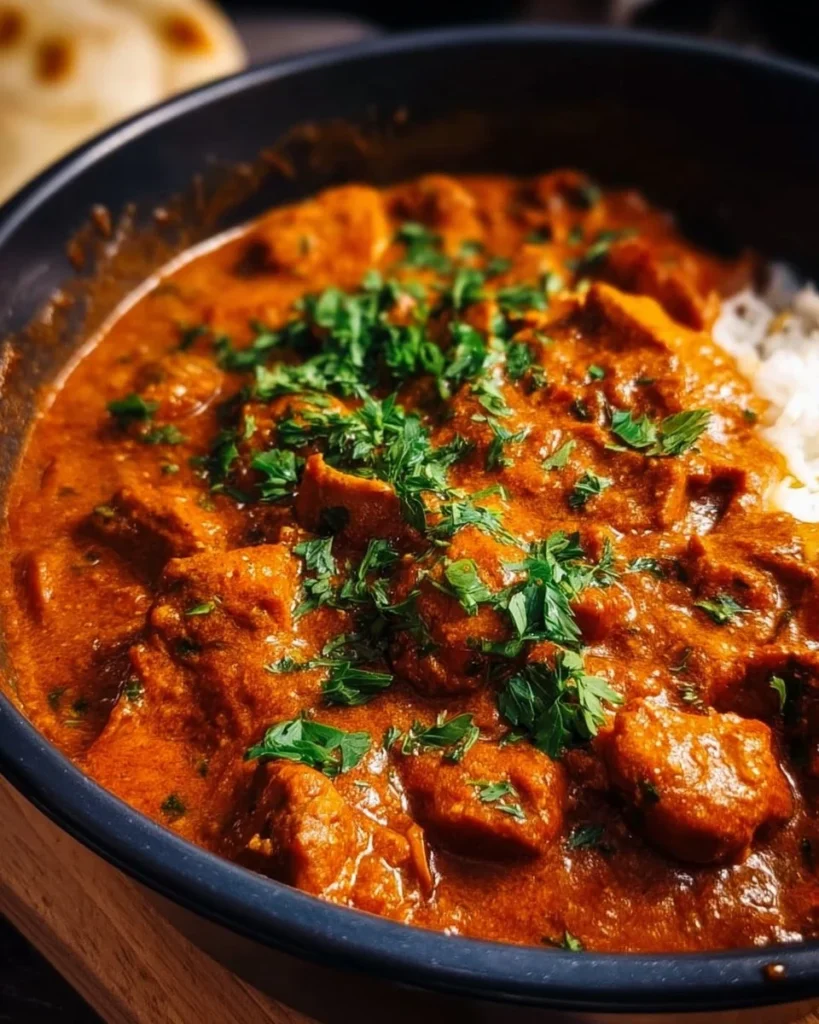 Crockpot Butter Chicken served with rice and garnished with cilantro.