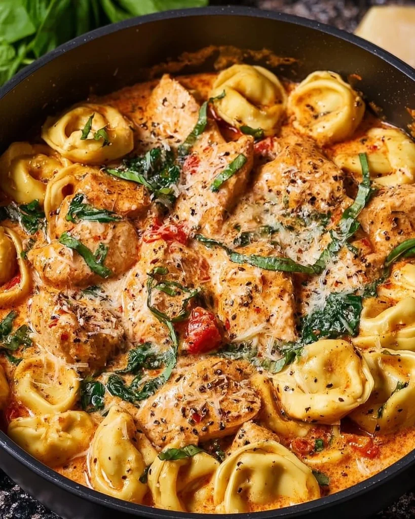 CrockPot Chicken Tortellini served in a bowl, garnished and ready to enjoy.