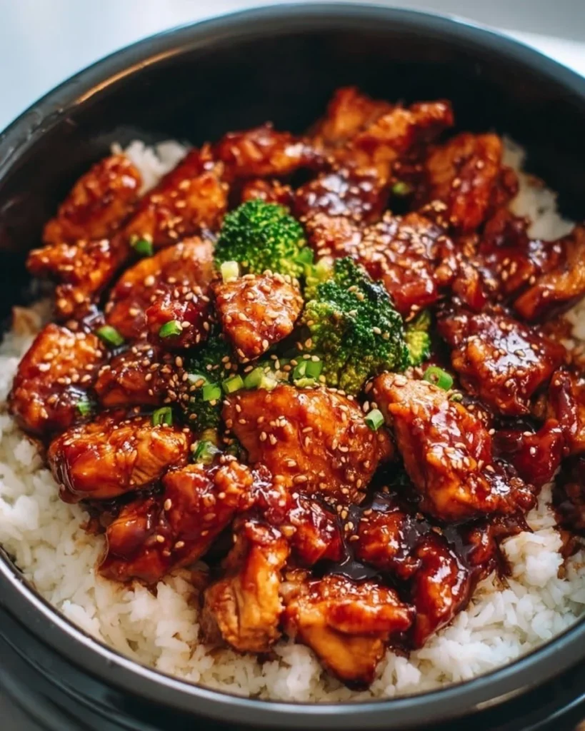 Delicious Crockpot Teriyaki Chicken served with rice and vegetables