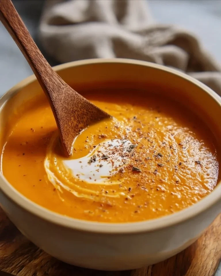 A bowl of homemade canned pumpkin soup garnished with herbs