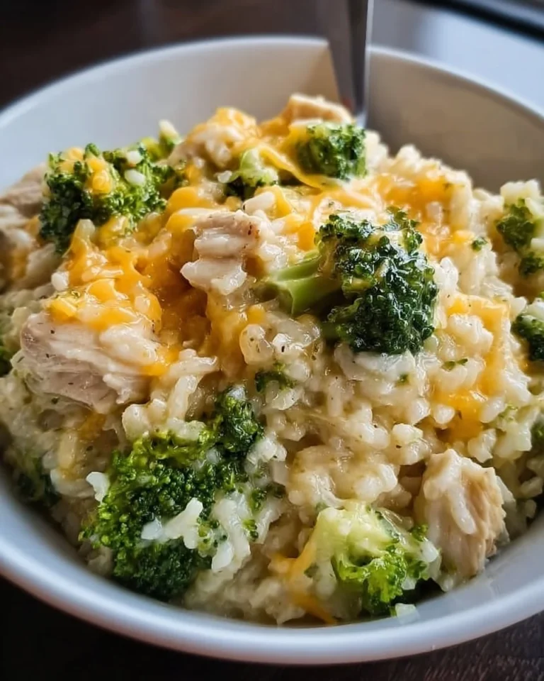 Delicious easy crockpot cheesy chicken broccoli rice dish served in a bowl.