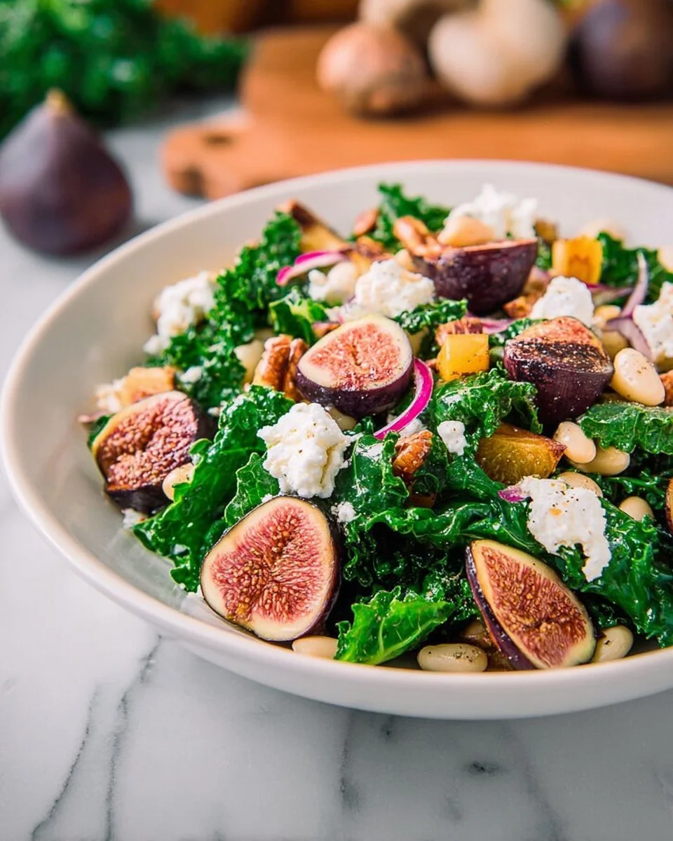Fig Kale Salad with Beets and Goat Cheese garnished with nuts and herbs