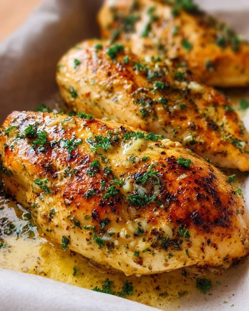 Juicy Garlic Butter Baked Chicken Breast served with herbs