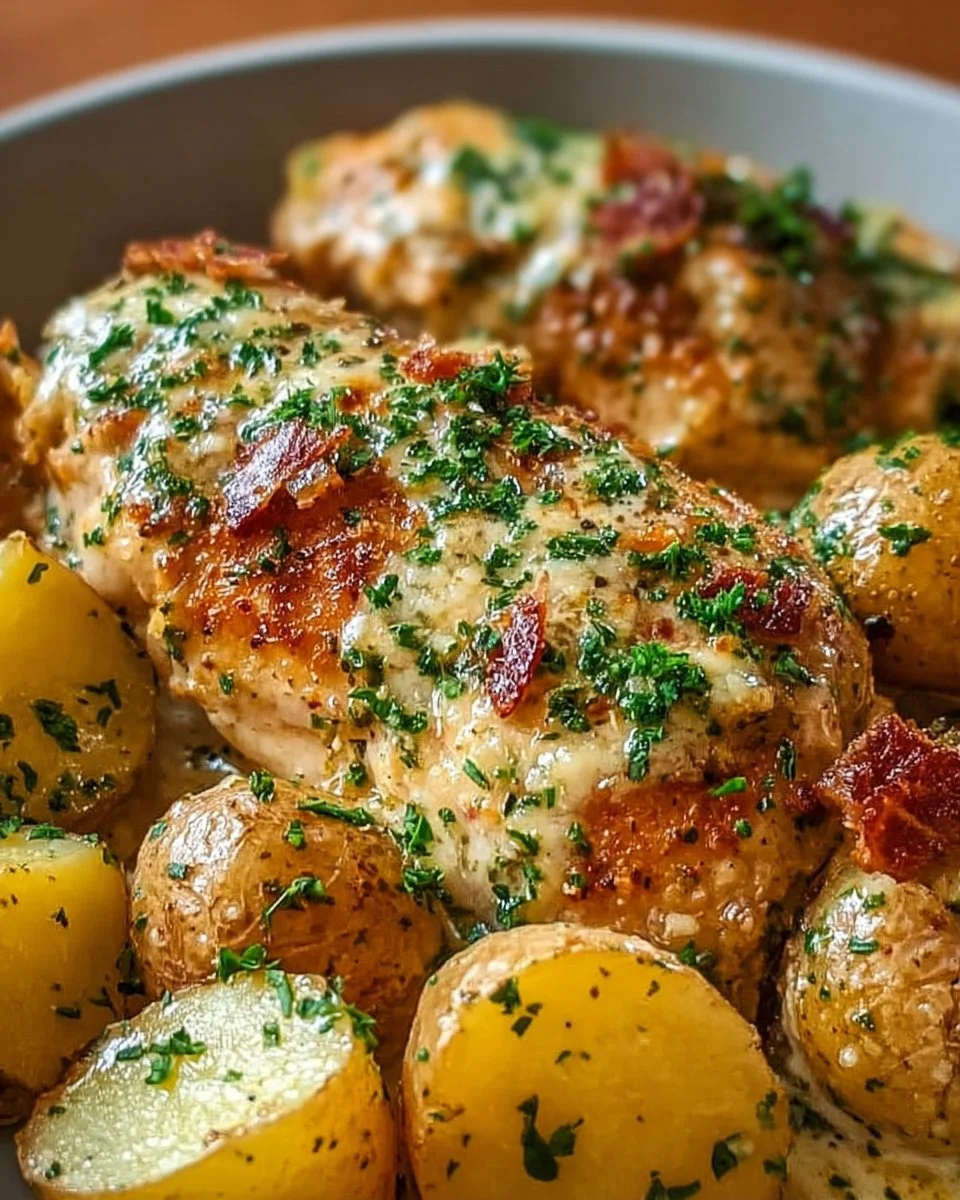 Crockpot Garlic Parmesan Chicken and Potatoes ready to serve
