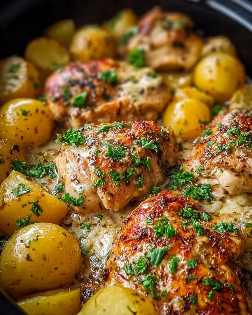 Garlic Parmesan Chicken and Potatoes in a crockpot ready to serve.