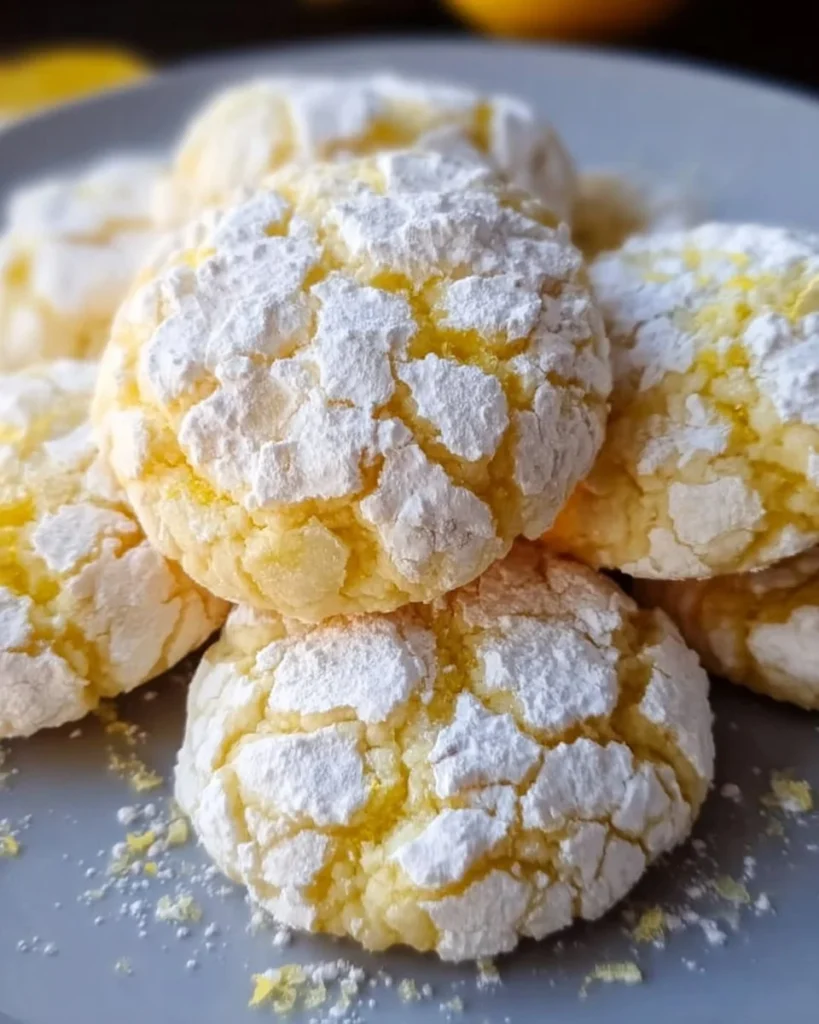 Freshly baked Lemon Crinkle Cookies dusted with powdered sugar
