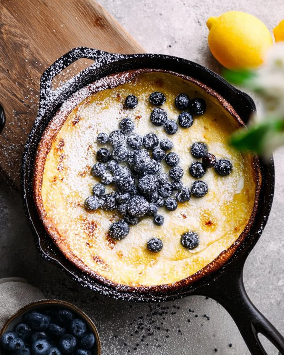 Meyer Lemon Mascarpone Dutch Baby Cake topped with fresh lemons and mascarpone cheese