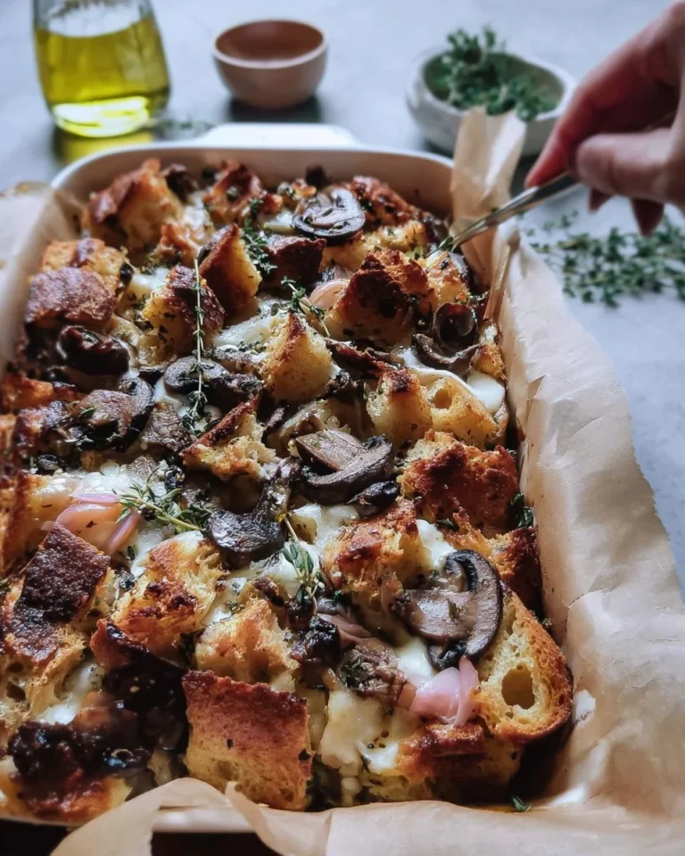 Mushroom Sourdough Strata baked dish topped with herbs and cheese.