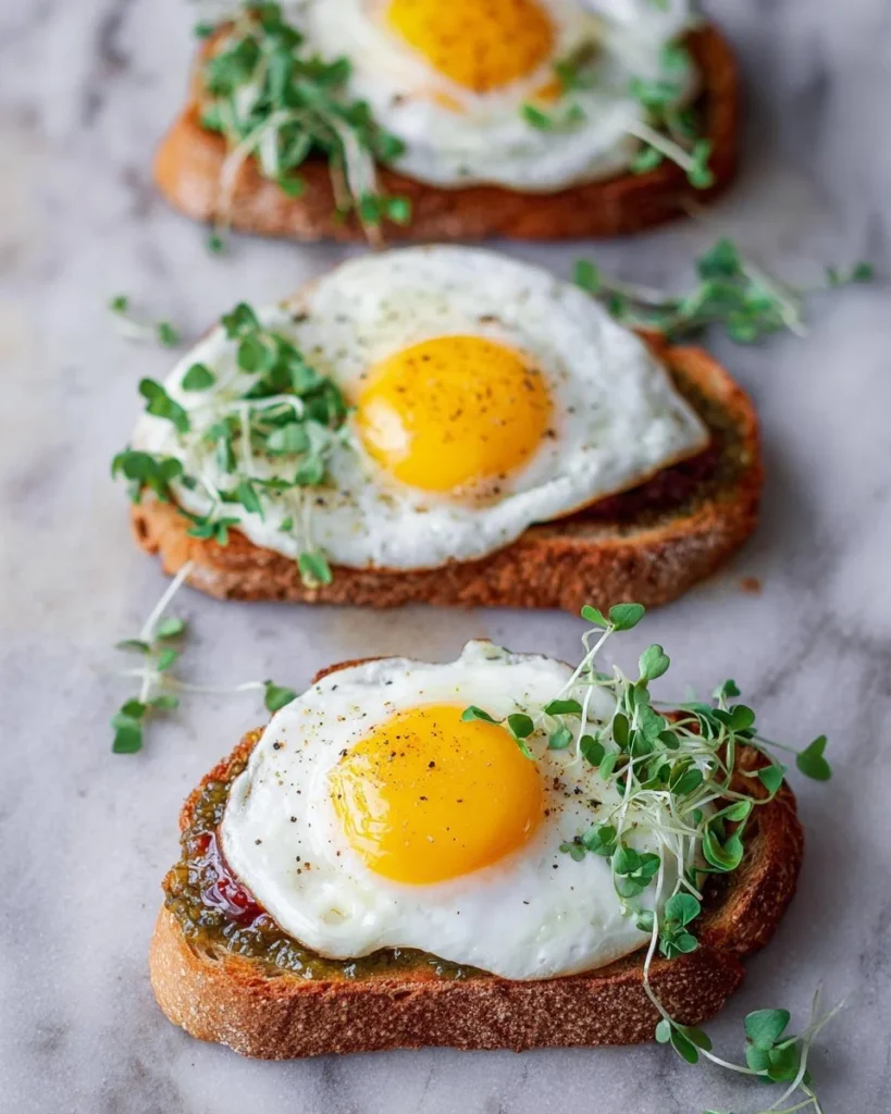 Delicious Olive Tapenade Crostini topped with a sunny side up egg