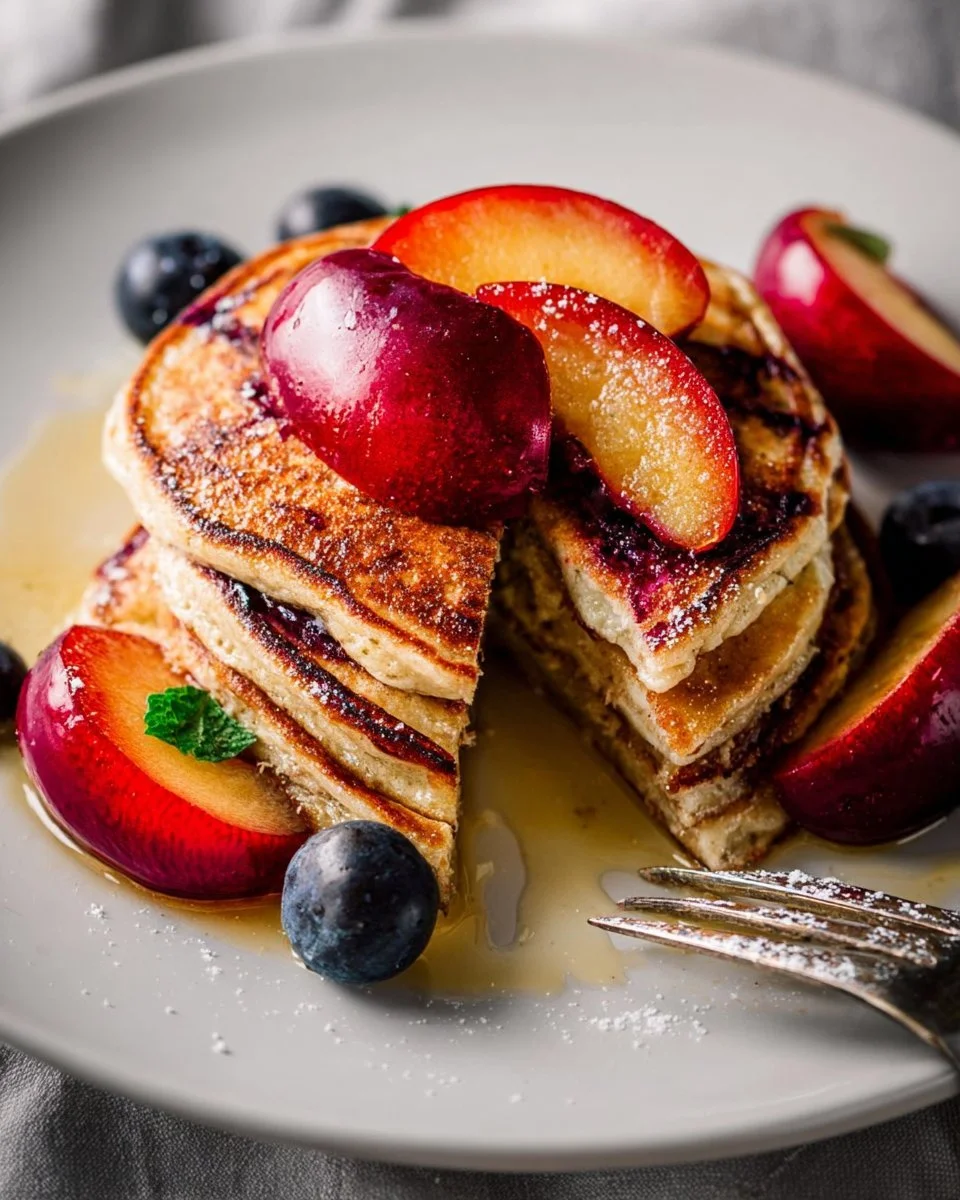 Homemade Pluot Pancakes topped with fresh fruit and syrup