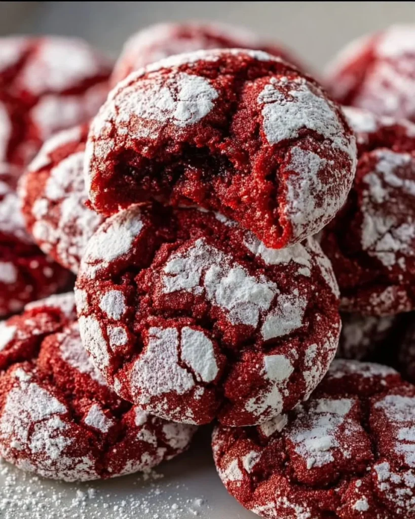 Freshly baked Red Velvet Crinkle Cookies on a cooling rack
