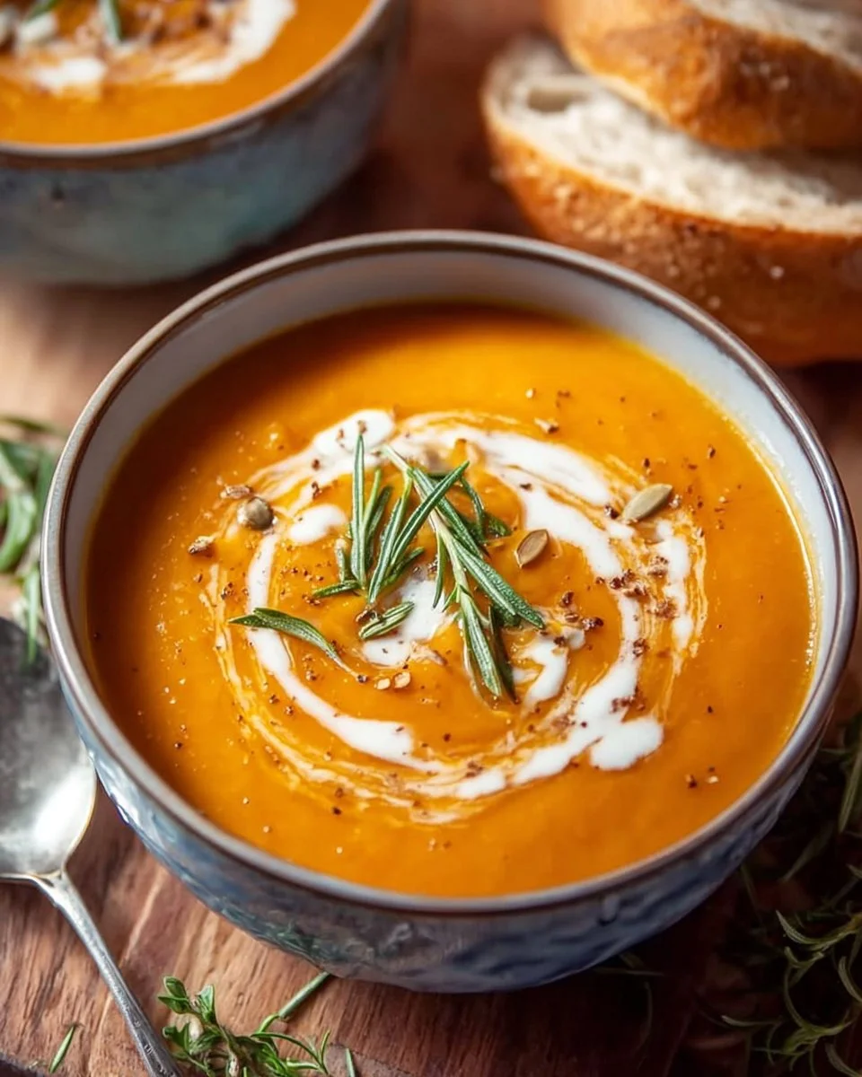 Bowl of roasted pumpkin soup garnished with herbs