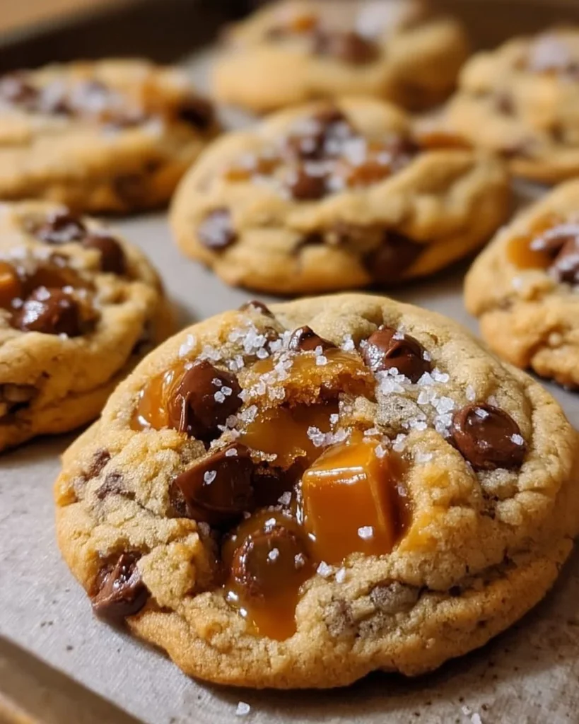 Delicious homemade salted caramel cookies on a wooden table