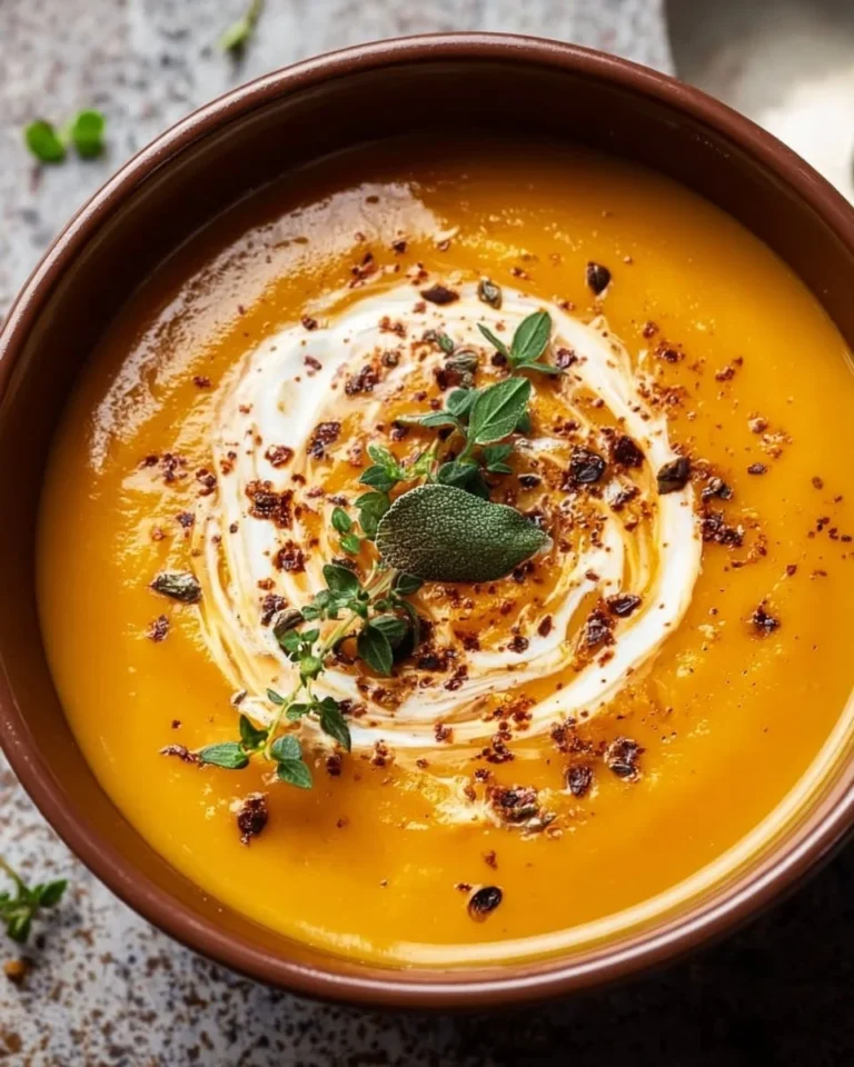Silky pumpkin soup in a bowl garnished with herbs and cream