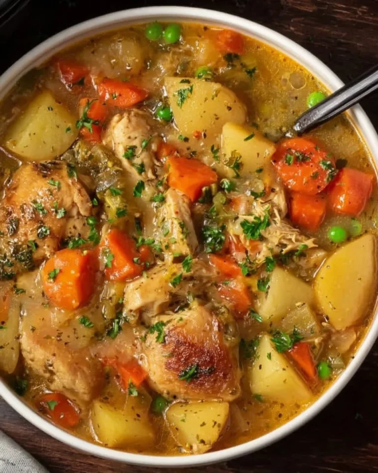 Delicious slow cooker chicken stew with vegetables and herbs in a bowl