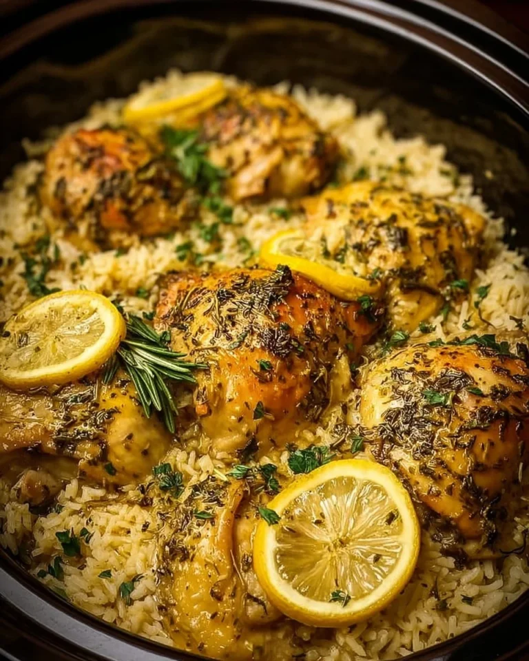 Slow cooker lemon herb chicken served over fluffy rice