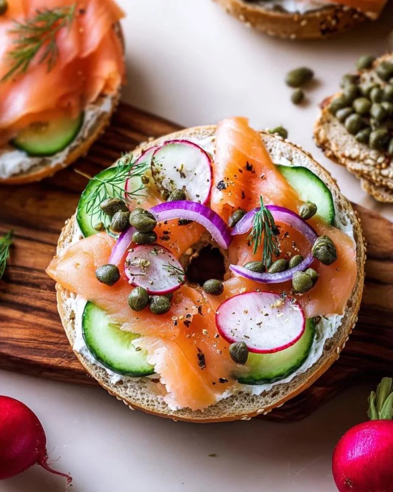 Smoked salmon bagel with cream cheese and fresh herbs on a plate.