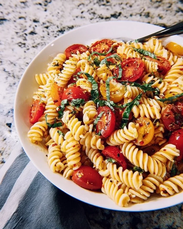 Vegan Fusilli Pasta Salad with fresh vegetables and herbs