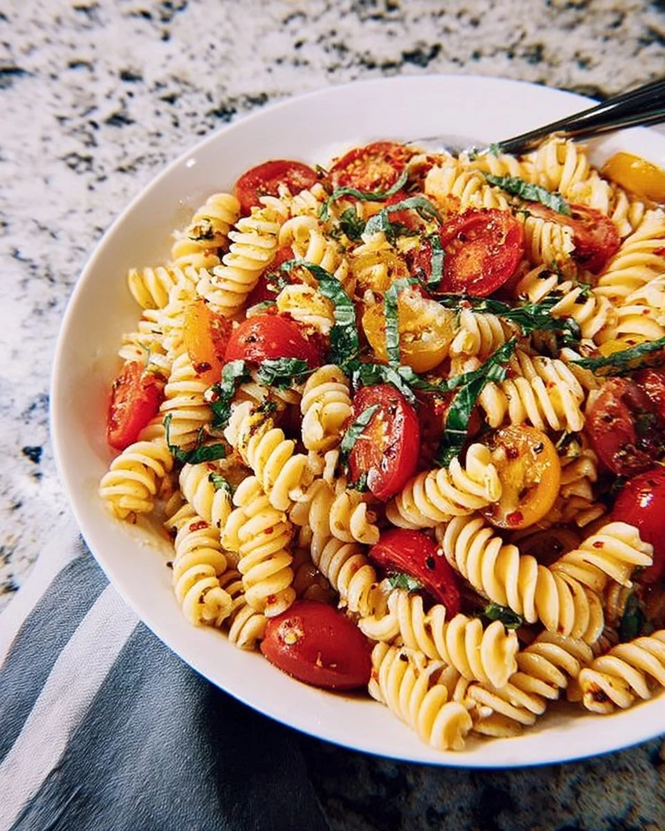 Vegan Fusilli Pasta Salad with fresh vegetables and herbs