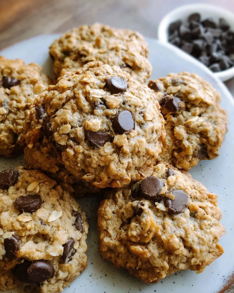 Delicious vegan oatmeal chocolate chip cookies on a baking tray.