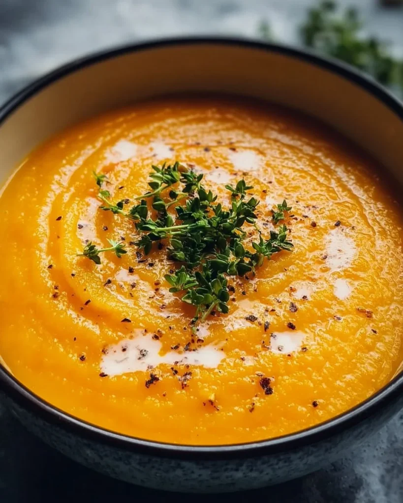 Delicious vegan pumpkin soup garnished with herbs served in a bowl