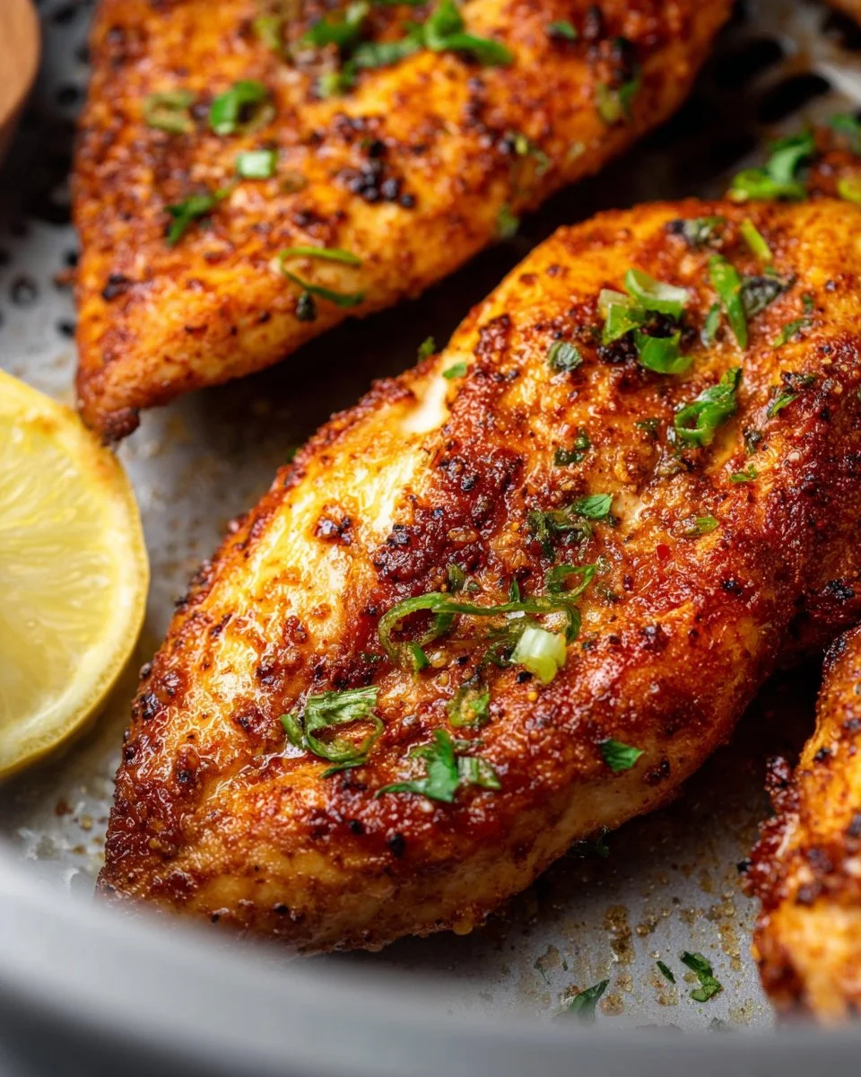 Delicious air fryer chicken breast served on a plate with herbs and spices.