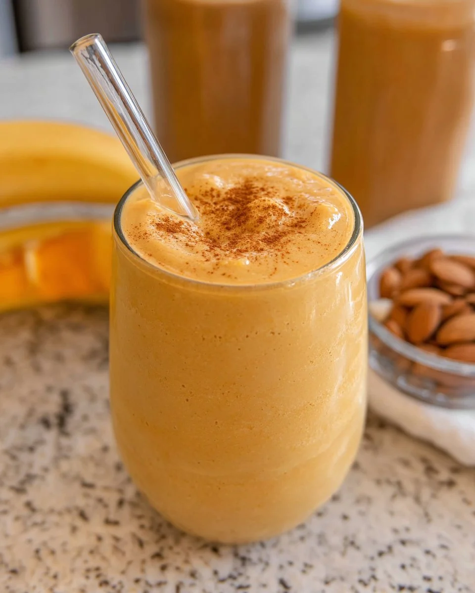 Almond Fresh Pumpkin Pie Smoothie in a glass, garnished with cinnamon and whipped cream.
