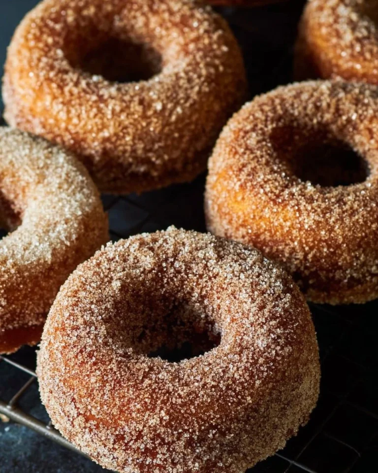 Baked apple cider donuts on a cooling rack, topped with cinnamon sugar.