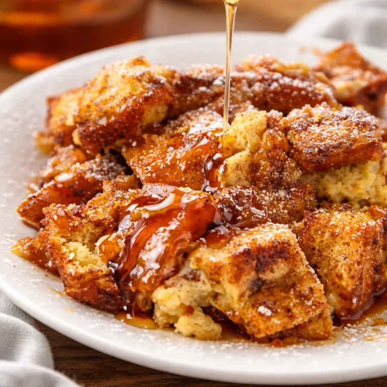 Delicious Baked French Toast Casserole fresh out of the oven, topped with syrup and berries.