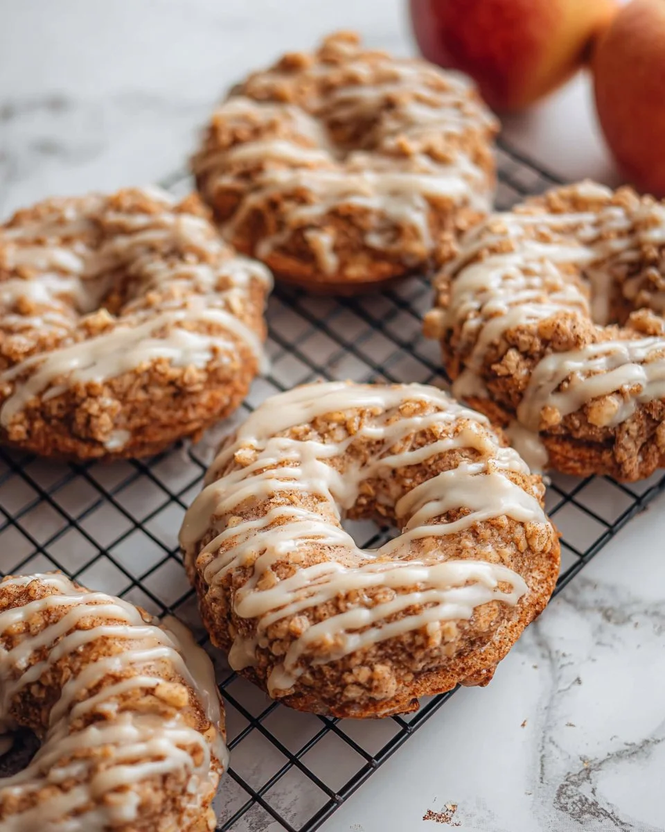 Baked maple glazed apple crisp doughnuts on a wooden table