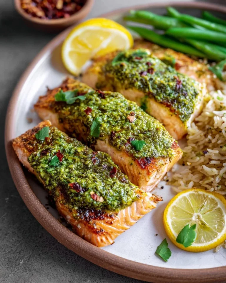 Baked pesto salmon on a plate garnished with fresh herbs and lemon slices.