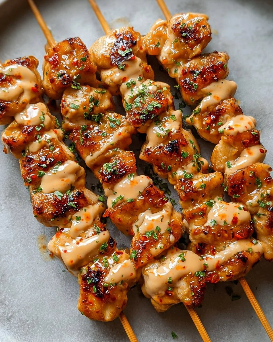Delicious Bang Bang Chicken Skewers ready to be served on a plate