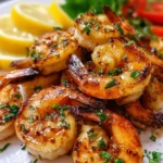 Delicious marinated grilled shrimp on a plate with herbs and lemon