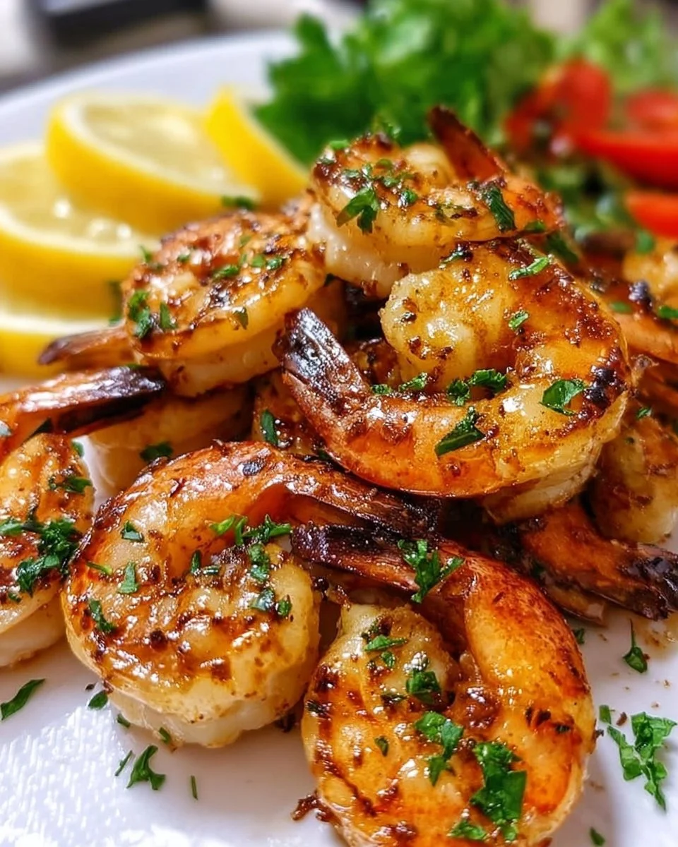 Delicious marinated grilled shrimp on a plate with herbs and lemon