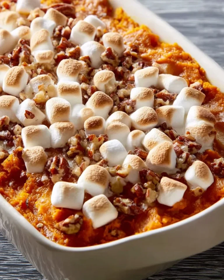 Best old fashioned sweet potato casserole topped with marshmallows and pecans