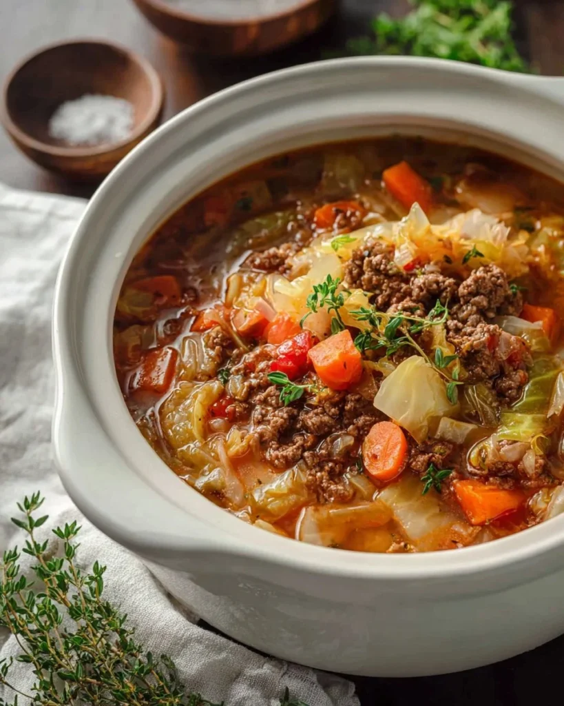 Delicious slow cooker ground beef and cabbage soup in a bowl