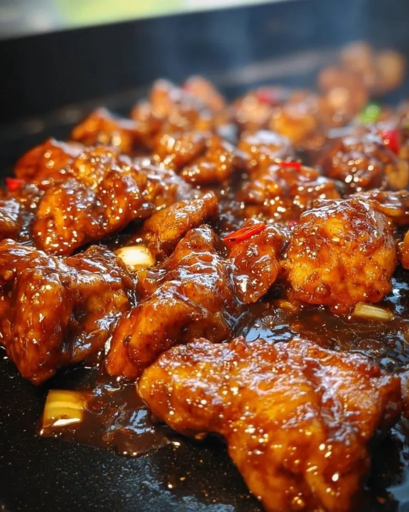 Delicious Blackstone Bourbon Chicken served on a plate with garnish.